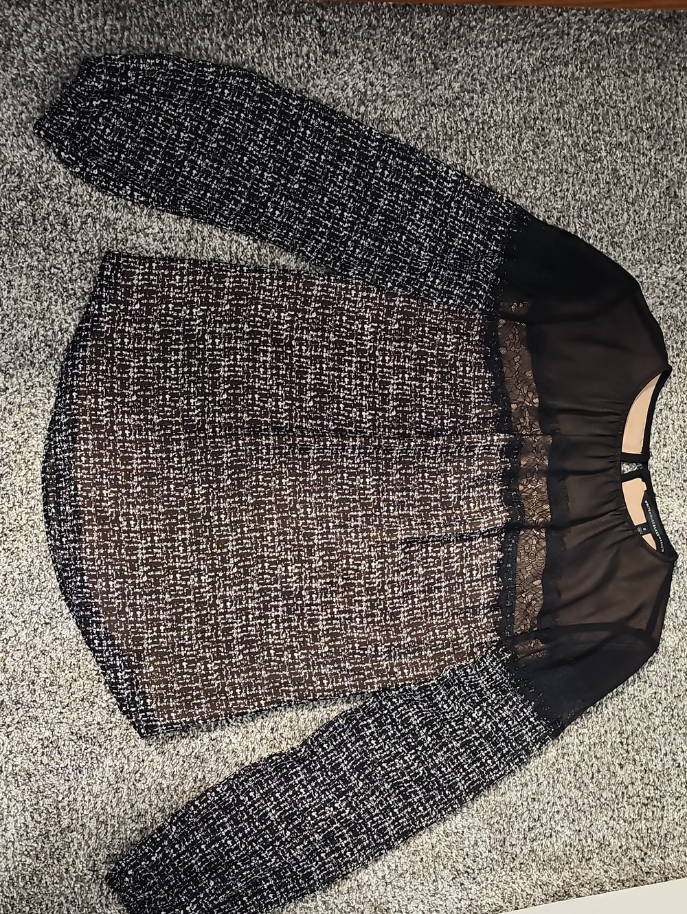 White House Black Market Black and Brown Tweed Lace-Detail Blouse
